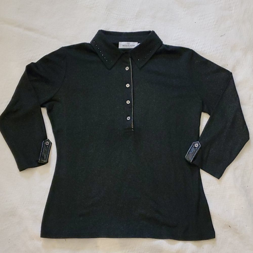 Bugatchi Pullover Size Large Black Top Partial Button Rhinestone Accents Collar